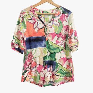 Chico's Slub Knit Tee Size 1 Medium Floral Button-Cuff Elbow Sleeve T-Shirt